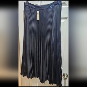 NWT Lauren Ralph Lauren Pleated Metallic Midi Skirt Navy Size 12